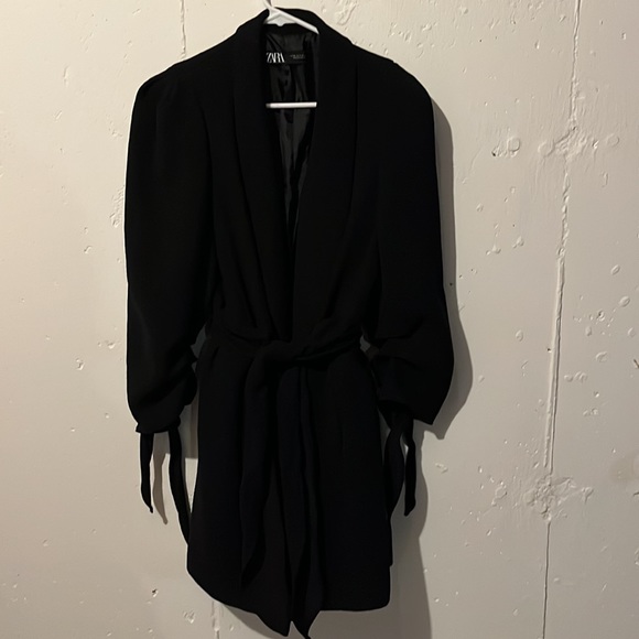 Zara Tied Bow Sleeve Puff Shoulder Black Belted Frock Coat Black M - Picture 3 of 16